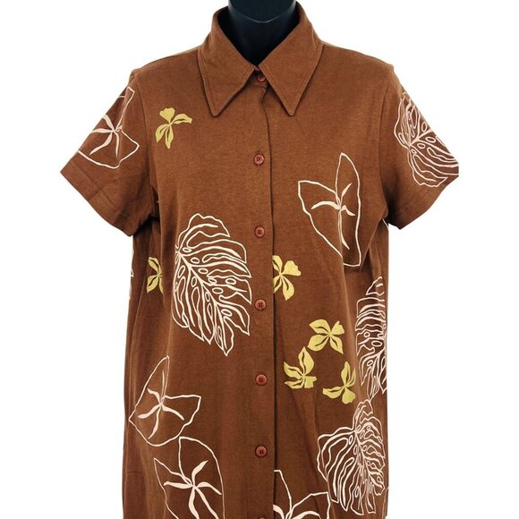 M.Mac Brown Button-Front Short Sleeve Dress Leaf Size Medium M Aloha EUC - Picture 2 of 6